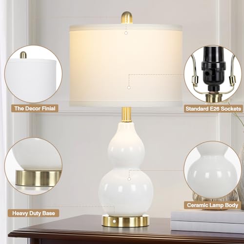 22" Modern Double Gourd Ceramic Table Lamps Set of 2, White Bedside Lamps for Living Room, Contemporary Nightstand Desk Lamps for Bedroom End Table Home Office Decor(2 LED Bulbs Included) - Image 5
