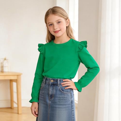 Image of LYSMuch 7-14Y Girls Ruffle Long Sleeve Shirt Kids Crewneck Basic Blouse Casual Tee