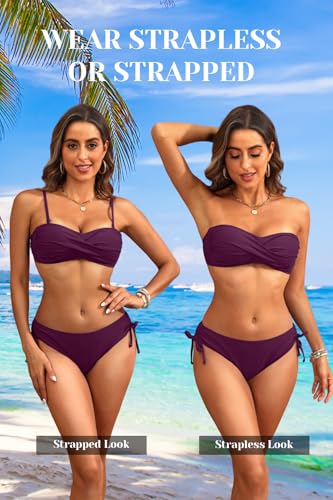 Image of Tempt Me Women Strapless Bandeau Bikini Set Twist Front Two Piece Swimsuit | Detachable Shoulder Straps, Molded Cup Design, Anti-slip Strips, Side Tie Bikini Bottom, Low Rise Fit
