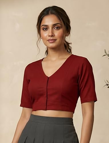 Image of Yash Gallery Women's Stretchable Rayon Lycra V-Neck Short Sleeve Front Open with Hook Stylish Crop Blouse Top for Ethnic Beige Designer Festive Choli Blouse