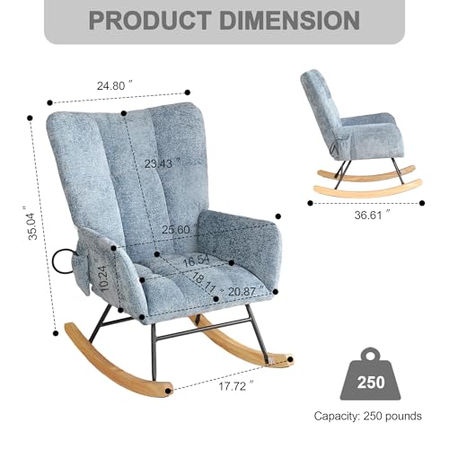Image of Rocking Chair Nursery, Comfy Modern Nursery Rocking Reading Chair Indoor, Cozy Upholstered Glider Rocker Chairs for Living Room Bedroom Offices, Sillas Mecedoras(Chenille, Blue)