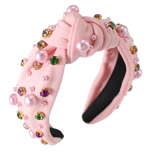 Gmmidea Pearl Women’s Knotted Headband Colorful Rhinestone Crystal Jeweled Headband Beaded Wide Top Knot Hairband Sparkly Fancy Decorative Head Band for Ladies Girls Light Pink-1