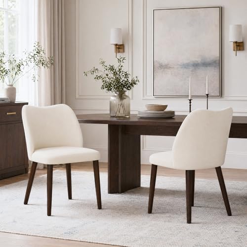 COLAMY Dining Chairs Set of 2, Upholstered Fabric Kitchen Chairs with Curved Back, Padded Seat and Solid Wood Legs, Modern Dining Chair for Kitchen Dining Room, Beige