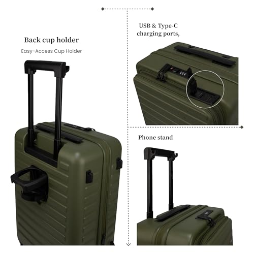 Image of F Gear Sedona Small Cabin Pro 54cm German Polycarbonate Hard Luggage|8 Japanese Hinomoto Silent Wheels| USB & Type-C Charging, Phone Stand & Cup Holder | Front Opening Suitcase for travel (army Green)
