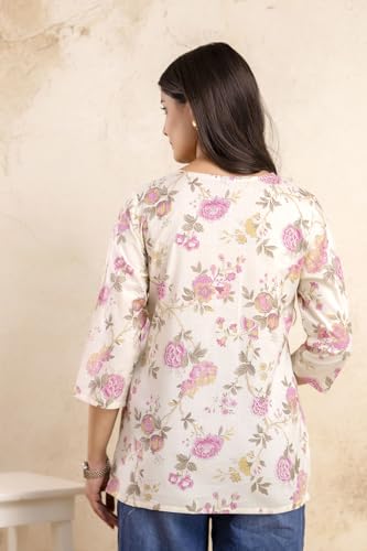 Image of Women's Floral Print Tunic Top, 3 /4 Sleeve, V-Neck, Casual Wear