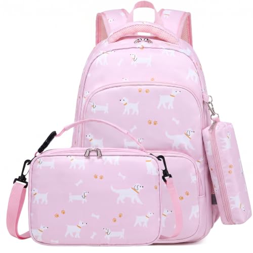 mygreen Kids Backpack Set, 3-in-1 School Backpack with Lunch Box & Pencil Case for Boys Girls, Lightweight Durable for Daycare, Picnic, Outdoor Travel Pink Dogs