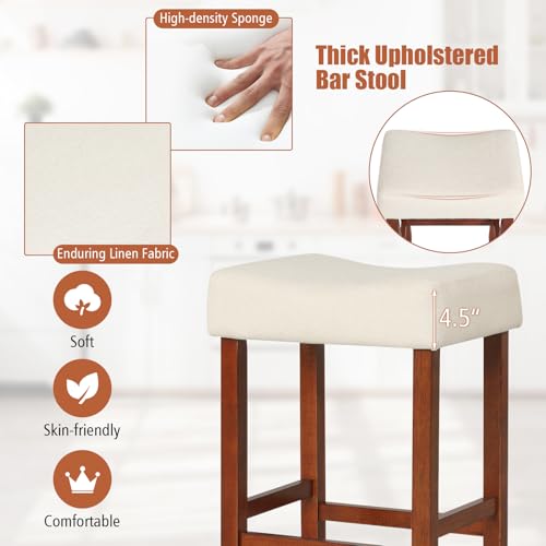 Image of COSTWAY Wooden Saddle Stools Set of 2, 25-inch Backless Counter Height Chairs with Rubber Wood Frame, Footrest, Max Load 330 Lbs, Upholstered Bar Stools for Kitchen Island, Light Beige+Brown