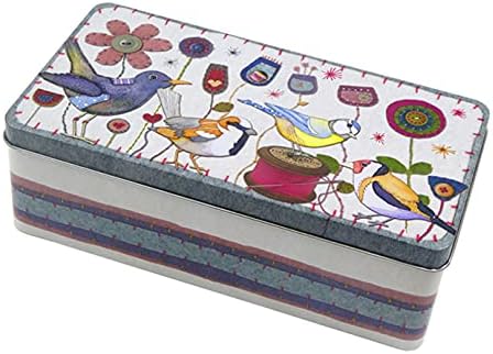 Emma Ball GARDEN BIRDS / STITCHED BIRDIES Rectangular Lidded Tin - For Sewing Bits n Bobs, Biscuits, Cookies, Bits n Bobs - Multicolour - 23.5 cm