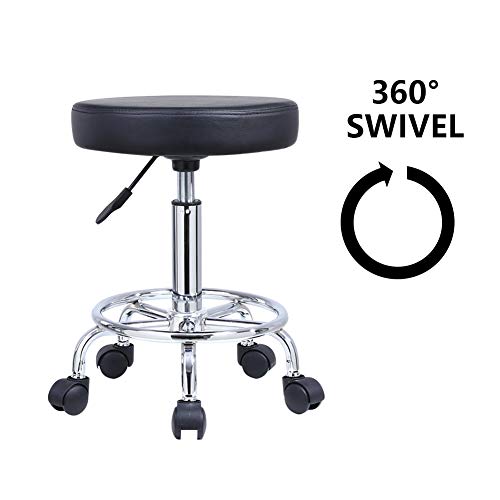 Kktoner Pu Leather Round Rolling Stool With Foot Rest Swivel Height Adjustment Spa Drafting Salon Tattoo Work Office Massage Stools Task Chair Cushion 14 Inches (Black) #TOP3
