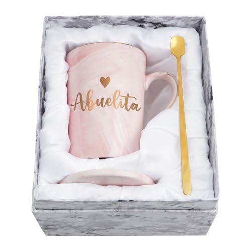 Maustic Abuelita Gifts, Abuelita Grandma Christmas Mothers Day Birthday Gifts in Spanish, Abuela Gift, Best Grandma Present, 14 Oz Pink with Gift Box, Spoon, Coaster
