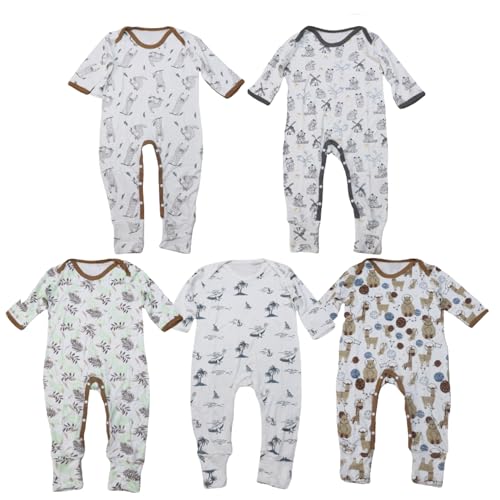 KaWaii Essentials Unisex Organic Cotton Bodysuit Romper, Foldover Hand & Foot Cuff, Stretchy & Comfy Pack of 5 for Babies 9-12 Months, Pack of 5 Multicolor