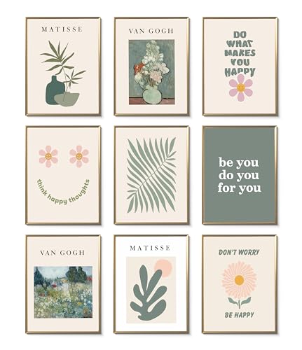 Burshley Van Gogh Matisse 9pcs Wall Art Set Floral Canvas Prints Quote Posters Abstract Paintings Soft Aesthetic Pictures for Living Room Bedroom Wall Decor Green Botanical Decoration Unframed