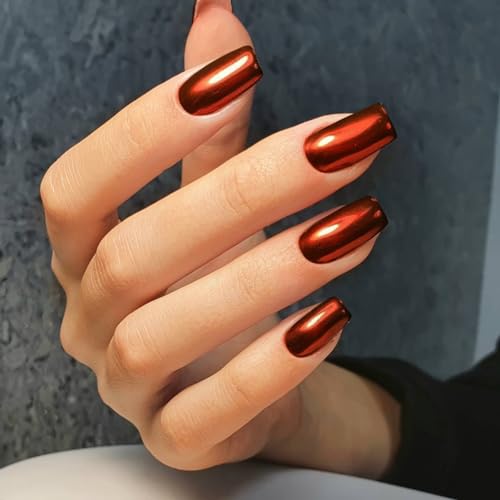 Mirror Metal Orange Red Press on Nails Medium Short Square Chrome Glazed Gel Shiny Plating Acrylic Reusable Thick Fake Nails for Women Glue on Medium Length
