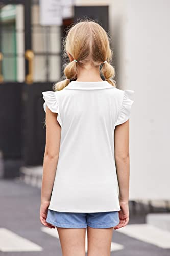 Flypigs Girls' Short Sleeve Peter Pan Collar Polo Shirt Summer Casual Top Round Neck Tunic Tops Tee Blouse White #TOP4