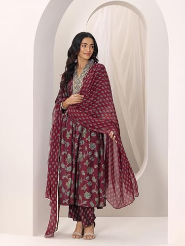 Image of Libas Womens Printed Silk Blend Straight Kurta With Trousers and Dupatta | daily wear suit