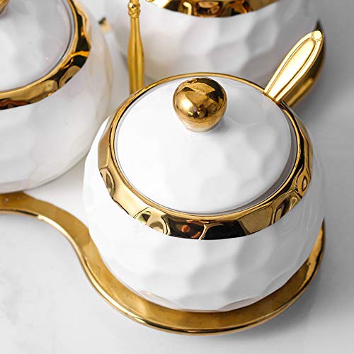 Bihoib Golf Porcelain Sugar Bowl Condiment Pot Salt Container With Lid, Spoon And Tray, Set Of 3, Modern Spice Box Seasoning Jar, White And Gold #TOP6