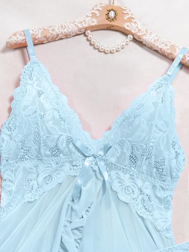Image of Foxiny Sexy Ruffle Sheer Mesh Lace Wireless Babydoll Lingerie Dress with Thong 2 Piece