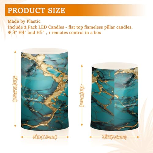 Image of Flickering Flameless Candles, Turquoise Golden Marble LED Candles with Remote Timer, Set of 2 Battery Operated Candle for Valentine Wedding Birthday