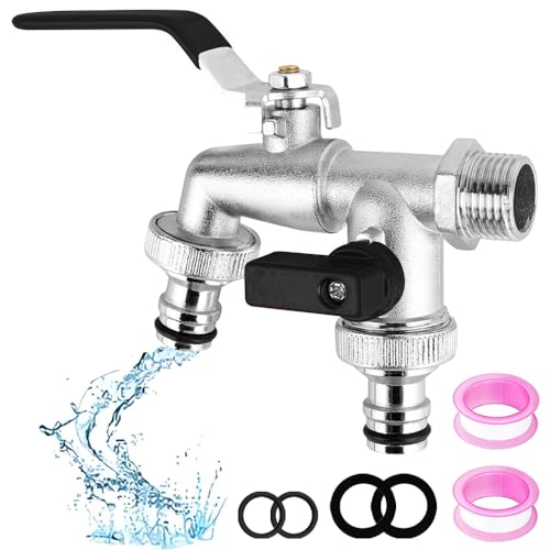 Double Garden Tap, 1/2 Inch Brass Double Water Tap, Outside Faucet Outside Tap with 1/2 inch Brass Water Faucet and 2X3/4 inch Outlet Double for Garden Household Industry(Black)