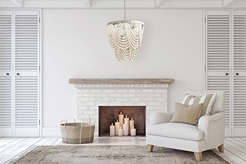 Creative Co-Op Rustic Farmhouse Boho Light Fixture With Wooden Beads - 2-Tier Draped Bead Chandelier,White #TOP1