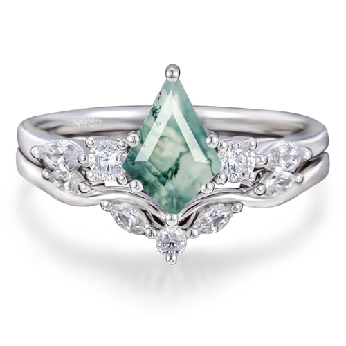 Natural Moss Agate Ring Set 925 Sterling Silver Kite Cut Green Pear Moss Agate Engagement Ring Wedding Promise Ring Jewelry Gift for Women,Ring Size 7