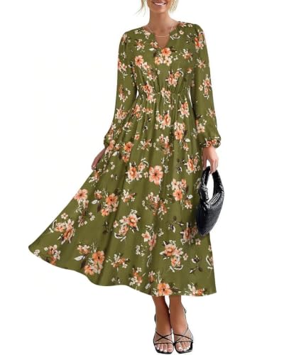 Image of TIYOMI Womens Plus Size Dresses Fall Long Sleeve Maxi Dresses V Neck Floral Spring Party Dress with Pockets XL-5XL (14W-28W)