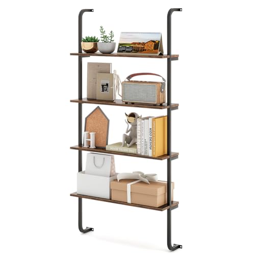Giantex 4-Tier Industrial Bookshelf, Wall Mounted Pipe Shelving Unit, Floating