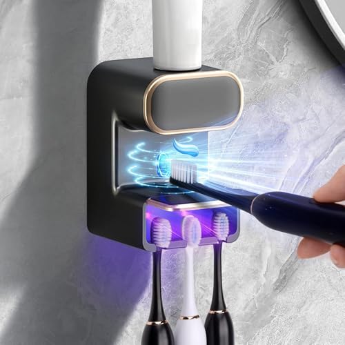 Automatic Toothpaste Dispenser Wall Mounted Electric Toothpaste Dispenser with 3 Toothpaste Slots Toothpaste Dispenser for Kids and Adults (Black)