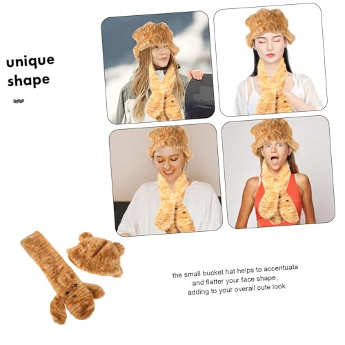 SAFIGLE 1Set Cute Bear Ear Bucket Hat and Scarf Women Fuzzy Plush Animal Winter Accessory Dual Purpose Beanie and Hooded Scarf Faceslimming Design for Charming Look Warm3