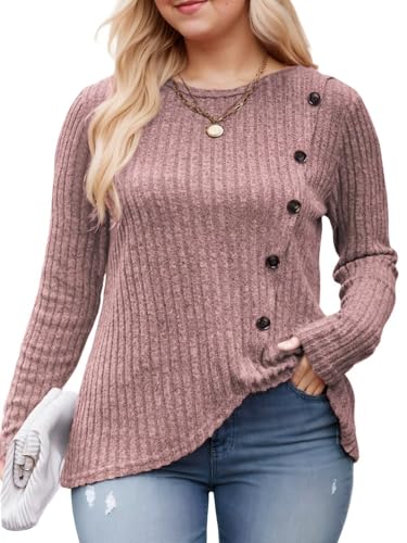 Image of DOLNINE Womens-Plus-Size-Tops Casual Long Sleeve Shirts Trendy Button Side Split Fall Cute Tunic Sweatshirts XL-5XL