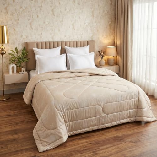 Image of Dream Weaverz Microfibre Comforter Double Bed | 200 GSM Siliconized Polyester | All Season AC Quilt | Khadi Solid Print | Anti Pilling | Machine Washable | Beige (230x250 CM)