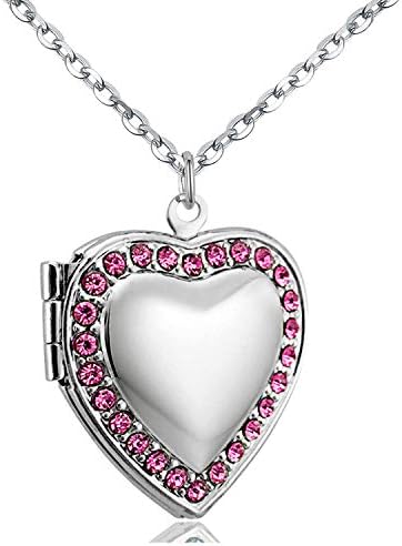 POWER WING Pink CZ Love Heart Locket Necklace That Holds Pictures Photo Lockets,18" Synthetic October birthstone