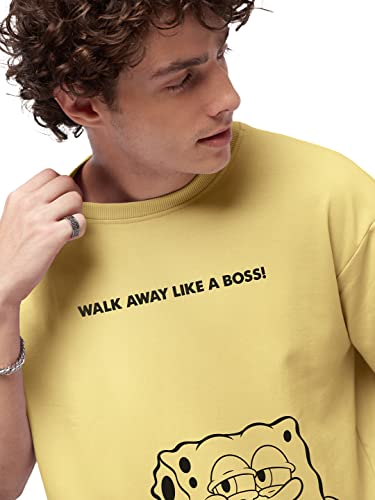 Image of The Souled Store|Official Spongebob: Like A Boss Mens and Boys T-Shirts|Loose fit Graphic Printed| 80% Cotton 20% Polyester Yellow Color Men Oversized T-Shirts