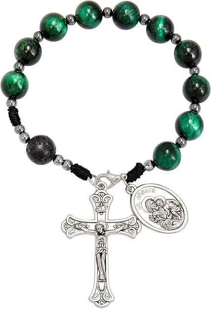Nazareth Store Tiger Eye Beads One Decade Rosary Handmade Pocket Car Mirror with Saint Joseph Medal and Jesus Cross in Antique Silver Volcanic Stone Travel Friendly Rosary