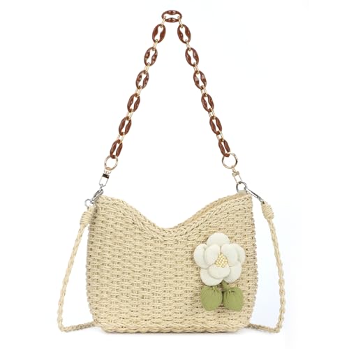EVEOUT Rattan Umhängetaschen Damen mit Blume Sommer Chic Weidengeflecht Korb Tasche mit Schulterkette Elegant Gewebte Stroh Schultertasche