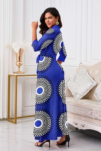 Image of Rumwind Maxi Dresses for Women, 3 /4 Sleeve Shirt Collar Casual Afircan Print Church Dress Button Down with Belt and Pockets