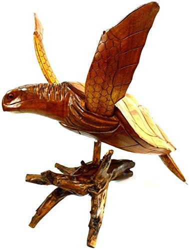 WorldBazzar Beautiful Huge Hand Carved Mahogany Wood Turtle Ocean Coral Statue One of Kind - Thumbnail 3