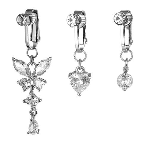 Zernblend 3 anillos falsos para ombligo, acero inoxidable plateado, acero quirúrgico, piercing falso para el ombligo, colgante de circonita cúbica, plata, L