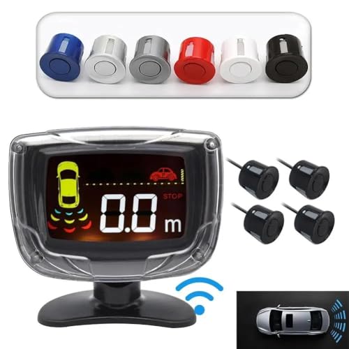 Czujniki parkowania, zestaw czujników parkowania samochodu, wyświetlacz LCD, 4 sondy radarowe, 65 dB, buzzer, alarm, cofanie, monitor parkowania, czujniki parkowania, czerwony, srebrny
