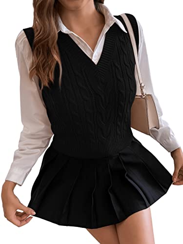GORGLITTER Damen Pullunder V-Ausschnitt Strickweste Ärmellos Pullunder Pullover Grobstrick Strickpulli Weste Herbst Strickpullover Schwarz M Cover