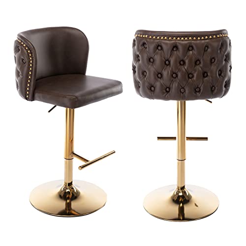 Setawix PU Faux Leather Swivel Bar Stools Set of 2 Height Adjustable Kitchen Island Counter Stools Tufted Wingback Dining Stool Chairs with Golden Metal Leg Nailhead Trim for Pub (Brown)