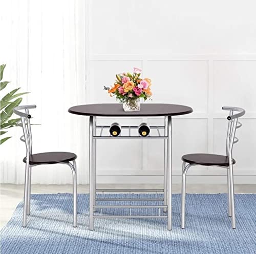 HUOLE Ensemble de Table à Manger de Cuisine avec 2 Chaises, Ensemble de Meubles 3 pièces avec Porte-Bouteilles, pour Cuisine, Petit Espace, Jardin,Table et chaises de Bar(Tube Argent Noyer Noir) Cover