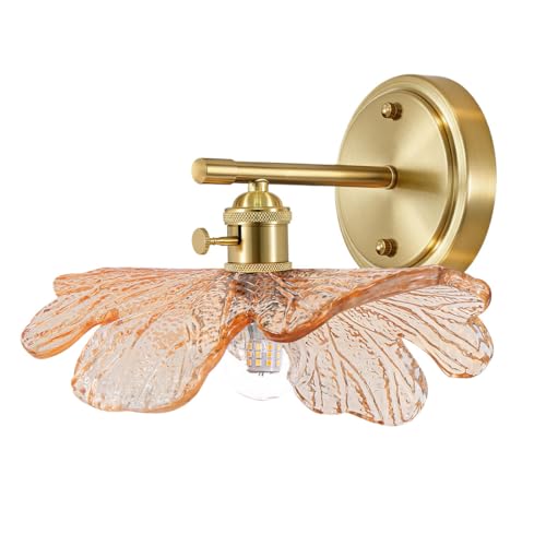 Image of 1-Light Gold Brass Wall Lighting Unique Glass Petals Wall Light Over Mirror E26 Base for Guest Bathroom, Sideways, Girls Room, Cabinet, Amber Glass Shade