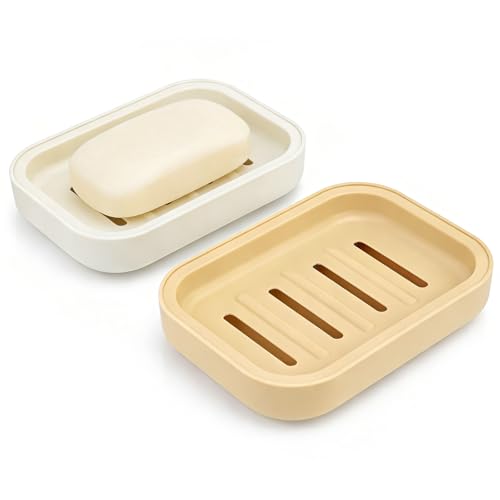 2PCS Soap Dish Soap Dish for Shower Double Soap Dish with Drainage Anti-Slip and PortableSoap Holder for Bathroom Kitchen Sponges Keep Soap Dry and Clean(White & Khaki)