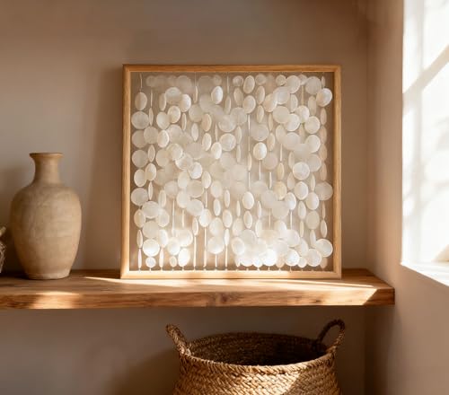 Bergamot 3D Handmade 24"x24" Capiz Shell Wall Hanging Decor, Solid Wooden Framed Coastal Wall Decor, Minimalist White Sea Shell Art for Living Room, Bedroom, Office Bergamot 3D Handmade 24"x24" Capiz Shell Wall Hanging Decor, Solid Wooden Framed Coastal Wall Decor, Minimalist White Sea Shell Art for Living Room, Bedroom, Office