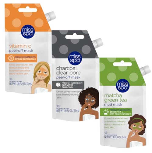 MISS SPA Facial Mask Trio Vitamin C Peel-Off, Charcoal Clear Pore Peel-Off & Matcha Green Tea Mud Mask Exfoliates, Detoxifies, Brightens and Clears Pores, 3 Full-Size Squeeze Tubes
