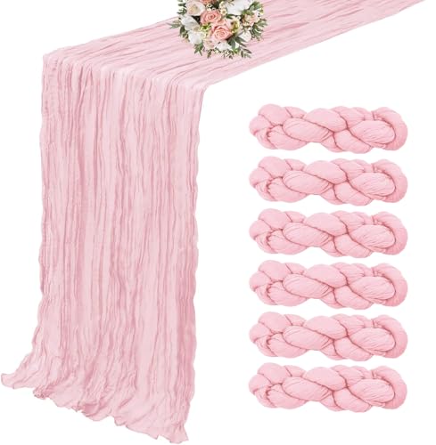 6 Pack Cheesecloth Table Runner - 35x120 Inch Light Pink Boho Gauze Table Runner, 10FT Pink Cheesecloth Runners for Tables Baby Shower Wedding Party Bridal Decor