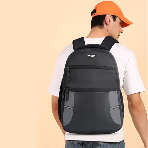 Image of Half Moon 30L Laptop Backpack for Men & Women, Polyester, Water Resistant, Padded Sleeve with Reflective Strip, Black & Grey