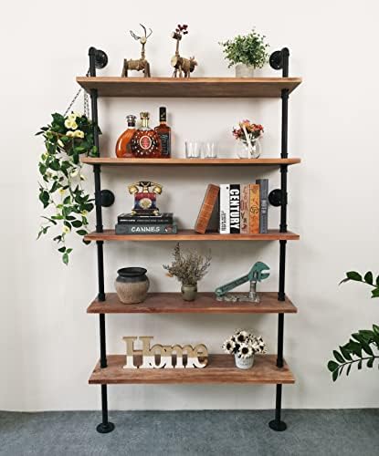 5 Tier Industrial Ladder Shelf Bookcase, Wall Mounted Rustic Bookshelf, Retro Wood Metal Pipe Industrial Shelves for Living Room Decor and Storage (Weathered Brown, 5 Tier - 10" D x 36" W x 70" H)