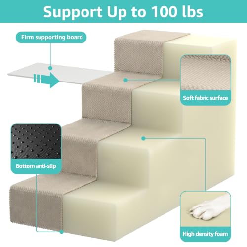 Image of YENING Large Dog Stairs for High Beds - 24 Inches Tall Extra Wide Pet Steps for Large Dogs to Get on Bed 4 Deep Step for Couch Beige